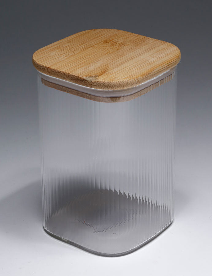 211028 צנצנת זכוכית מרובעת פסים מכסה עץ