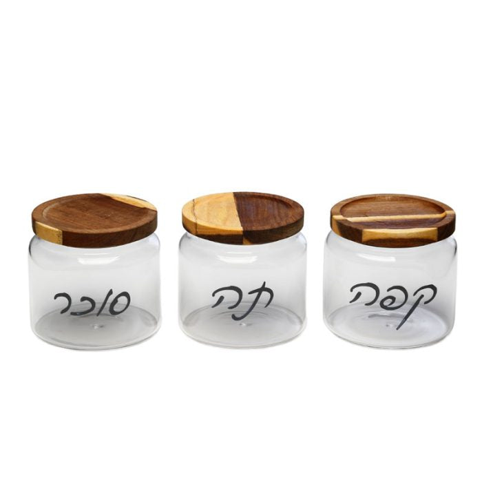 213756 - סט אחסון- קפה תה סוכר  זכוכית מכסה עץ