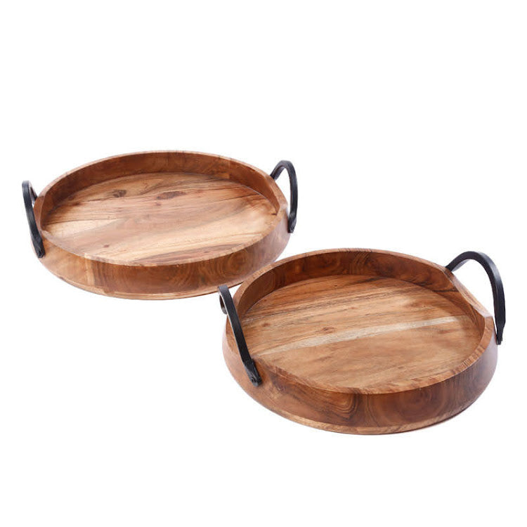 מגש עץ מלא + ידיות ברזל שחור